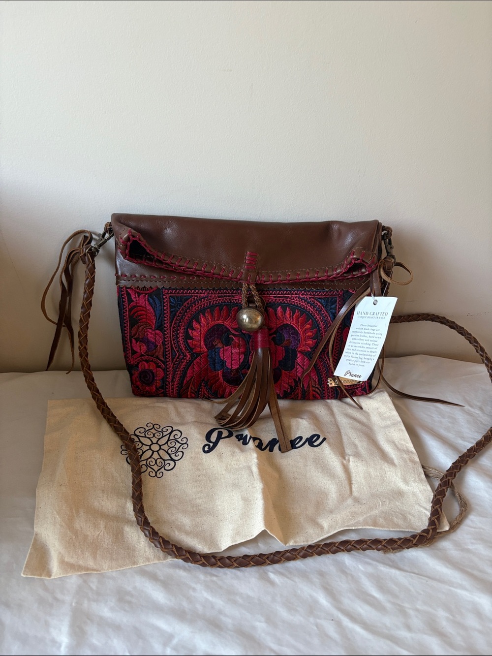 Pranee Red & Brown Embroidered Leather Crossbody Bag